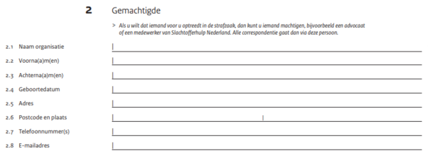 Vraag 2 van formulier gegevens slachtoffer