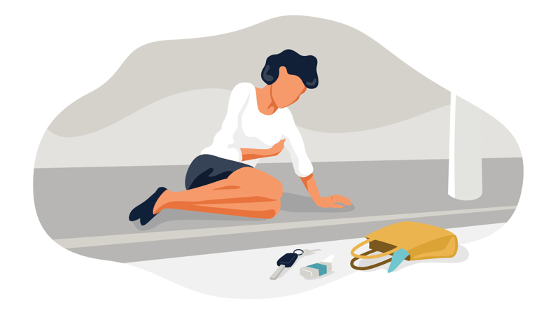 Illustratie van een vrouw die op de grond zit met haar tas en losse spullen om zich heen