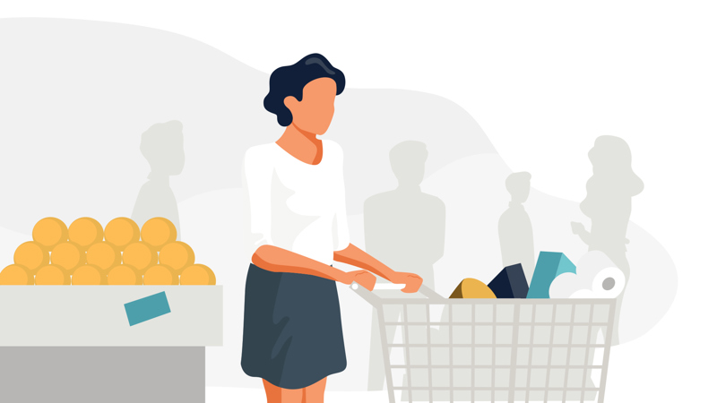 Illustratie van een vrouw die met een winkelwagen door de supermarkt loopt